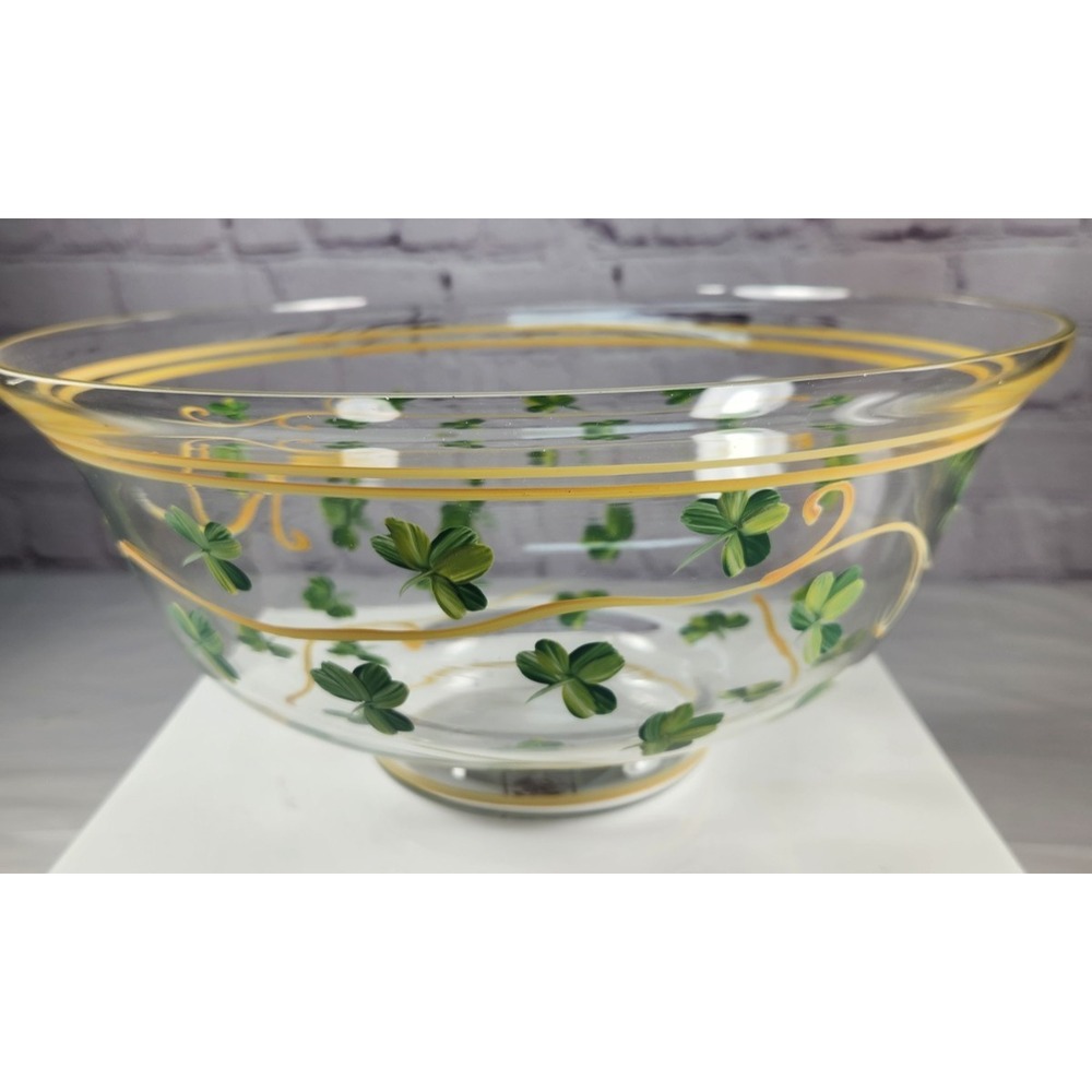 Beautiful Large Hand Painted Bowl w/ Green Shamrocks Great Decor or Dinnerware